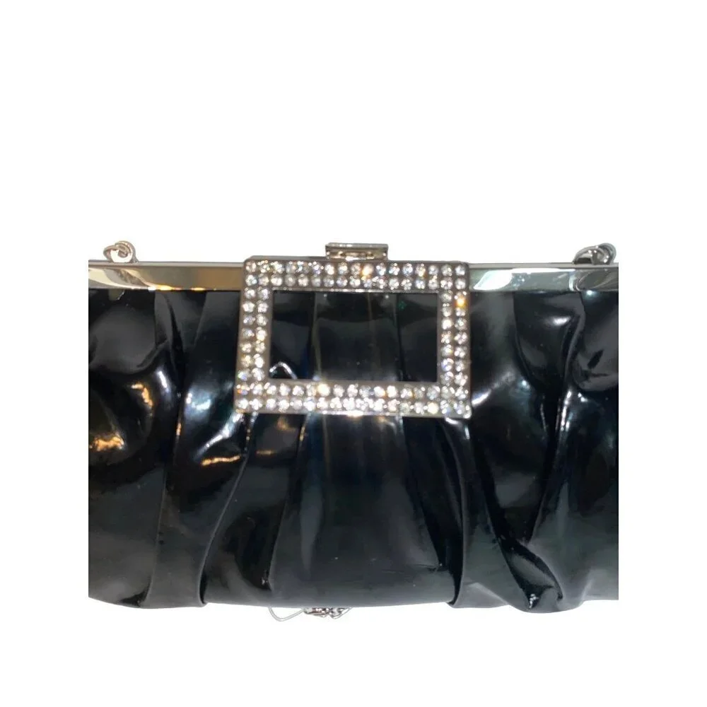New Black Glossy Convertible Evening Bag Clutch with Rhinestone‎ Closure